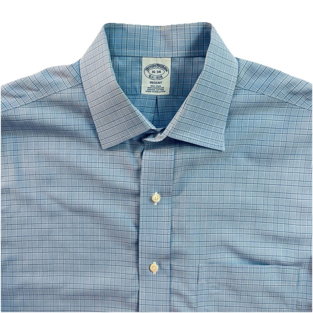 Brooks Brothers Dress Shirt Mens 16 34 Blue Check Regent Non Iron Supima Cotton